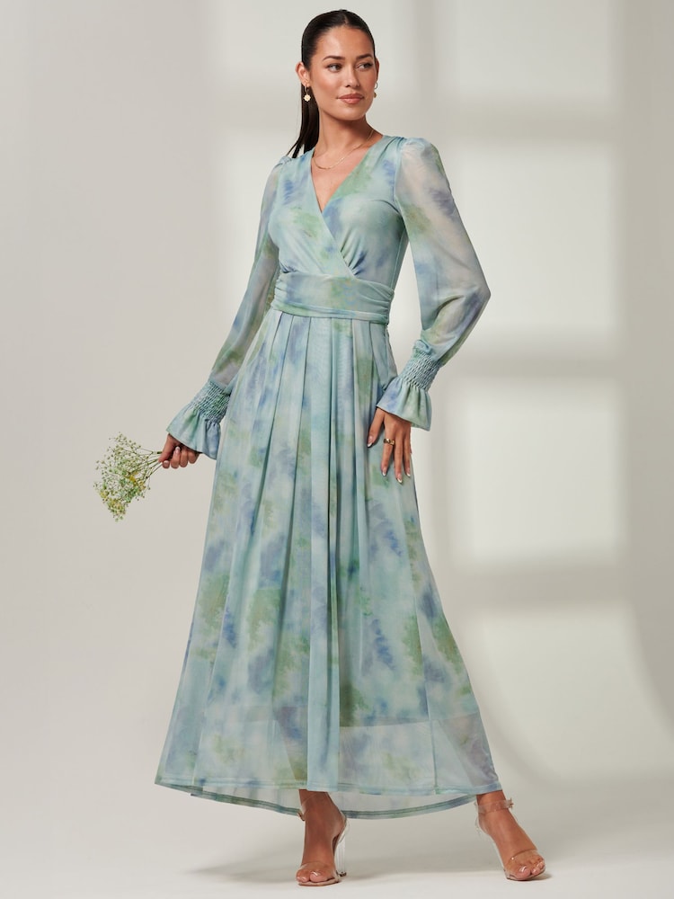 Jolie Moi Tie Dye Blue Greta Long Sleeve Mesh Maxi Dress - Image 1 of 6