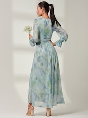 Jolie Moi Tie Dye Blue Greta Long Sleeve Mesh Maxi Dress - Image 2 of 6