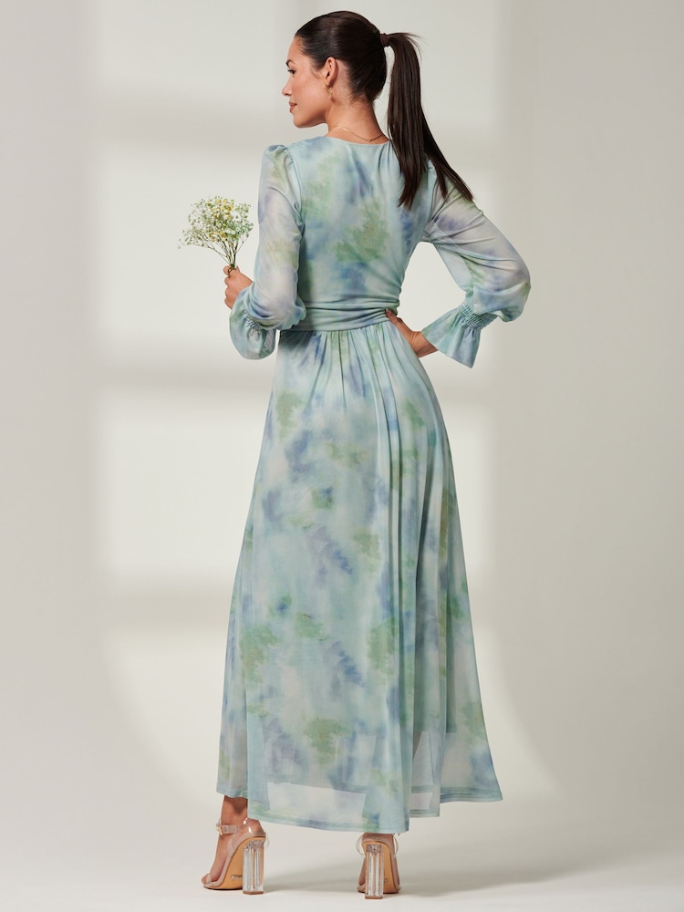 Jolie Moi Tie Dye Blue Greta Long Sleeve Mesh Maxi Dress - Image 2 of 6