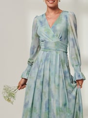 Jolie Moi Tie Dye Blue Greta Long Sleeve Mesh Maxi Dress - Image 3 of 6