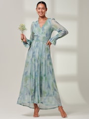 Jolie Moi Tie Dye Blue Greta Long Sleeve Mesh Maxi Dress - Image 4 of 6