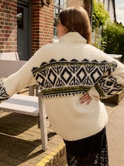 Black/White High Neck Bouclé Fairisle Pattern Fluffy Knitted Jumper - Image 4 of 8