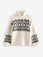 Black/White High Neck Bouclé Fairisle Pattern Fluffy Knitted Jumper - Image 5 of 8