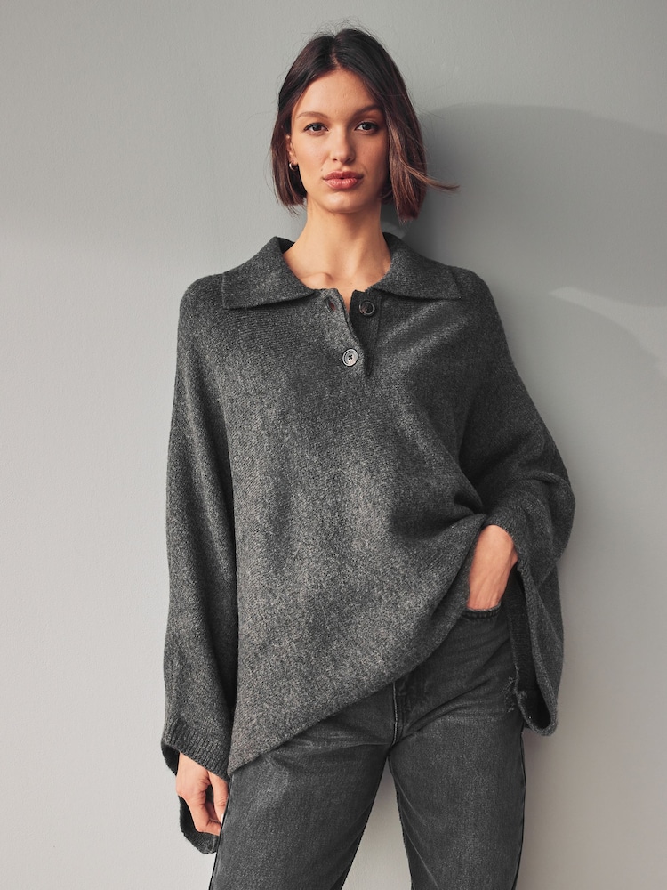 Charcoal Grey Collared Poncho - Image 1 of 7