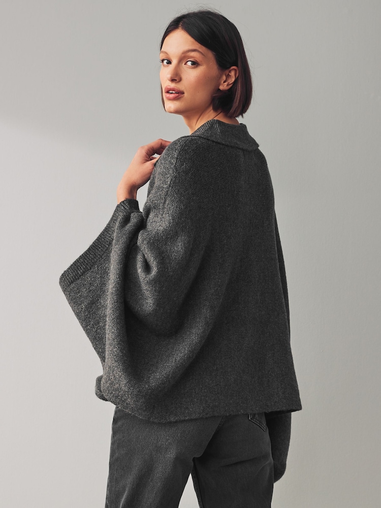 Charcoal Grey Collared Poncho - Image 2 of 7