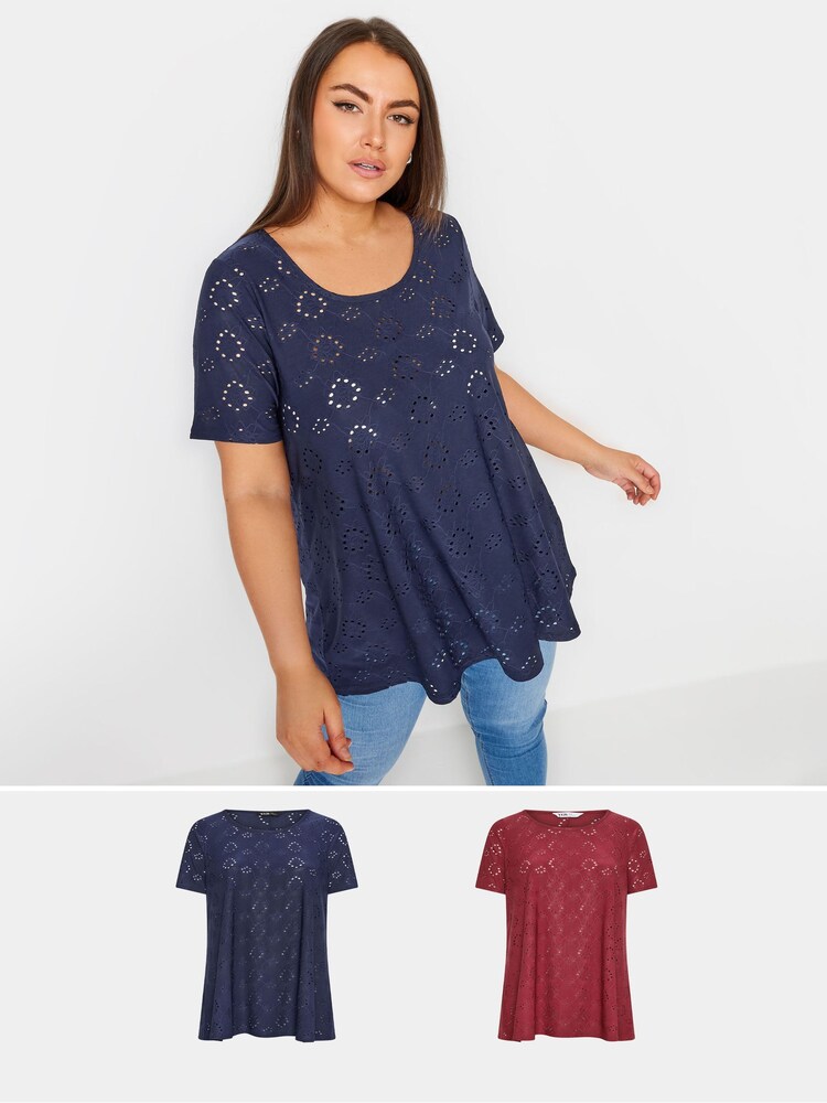 Yours Curve Blue Broderie Swing Blouses 2 Pack - Image 1 of 6 Yours Curve Blue Broderie Swing Blouses 2 Pack - Image 1 of 6