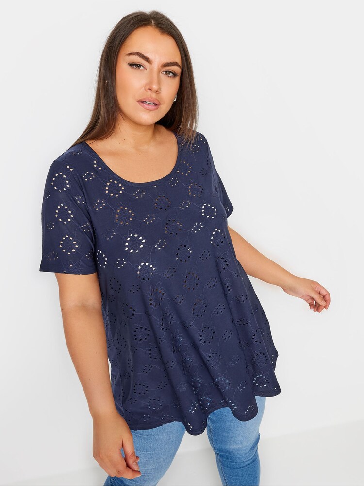 Yours Curve Blue Broderie Swing Blouses 2 Pack - Image 2 of 6 Yours Curve Blue Broderie Swing Blouses 2 Pack - Image 2 of 6