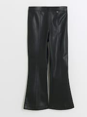 River Island Black Girls Faux Fur Leather Kick Flare 100% Cotton Trousers - Image 1 of 3
