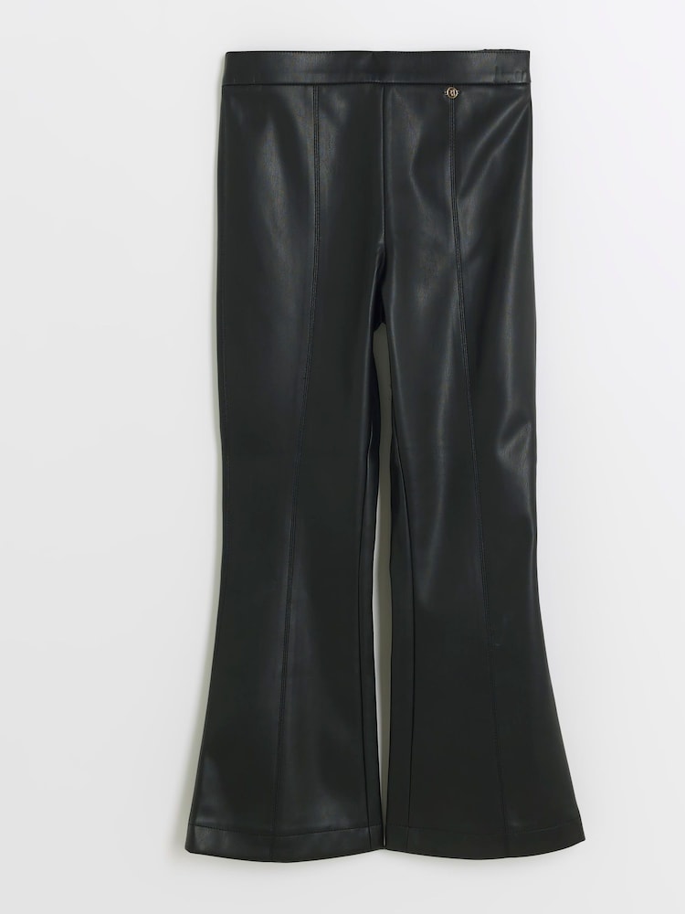 River Island Black Girls Faux Fur Leather Kick Flare 100% Cotton Trousers - Image 1 of 3