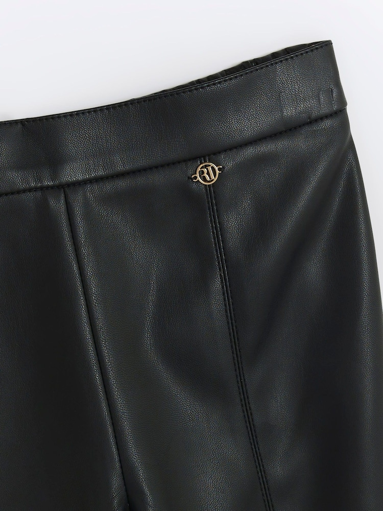 River Island Black Girls Faux Fur Leather Kick Flare 100% Cotton Trousers - Image 2 of 3