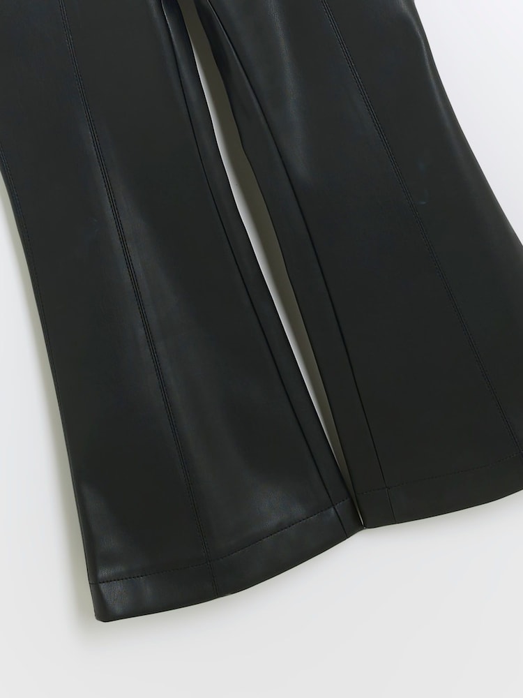 River Island Black Girls Faux Fur Leather Kick Flare 100% Cotton Trousers - Image 3 of 3