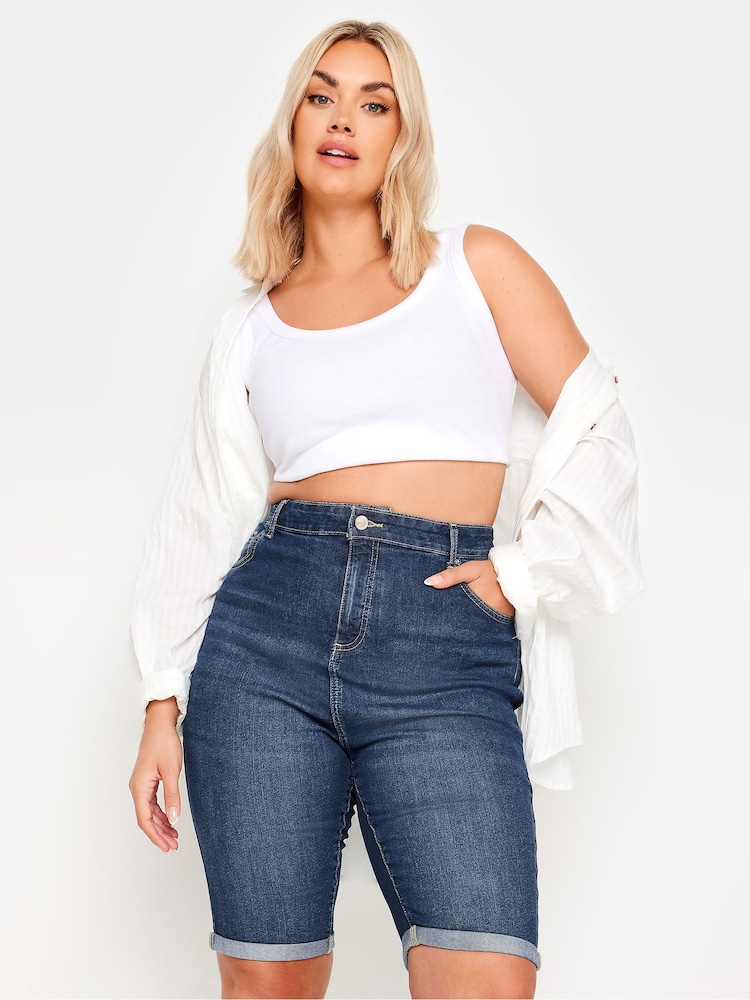 Yours Curve Blue Mid Stretch Denim Shorts - Image 1 of 5