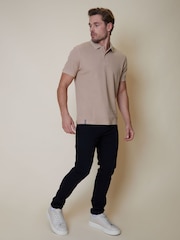 Threadbare Stone 100% Cotton Polo Shirt With Herringbone Detail Collar - Image 3 of 4