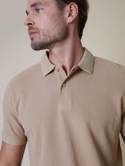 Threadbare Stone 100% Cotton Polo Shirt With Herringbone Detail Collar - Image 4 of 4