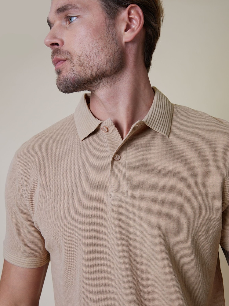 Threadbare Stone 100% Cotton Polo Shirt With Herringbone Detail Collar - Image 4 of 4