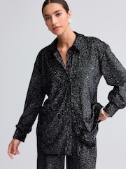 Black Sparkle Pinstripe Velvet Long Sleeve Shirt - Image 1 of 5