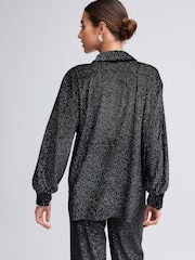 Black Sparkle Pinstripe Velvet Long Sleeve Shirt - Image 3 of 5