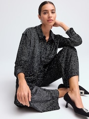 Black Sparkle Pinstripe Velvet Long Sleeve Shirt - Image 4 of 5
