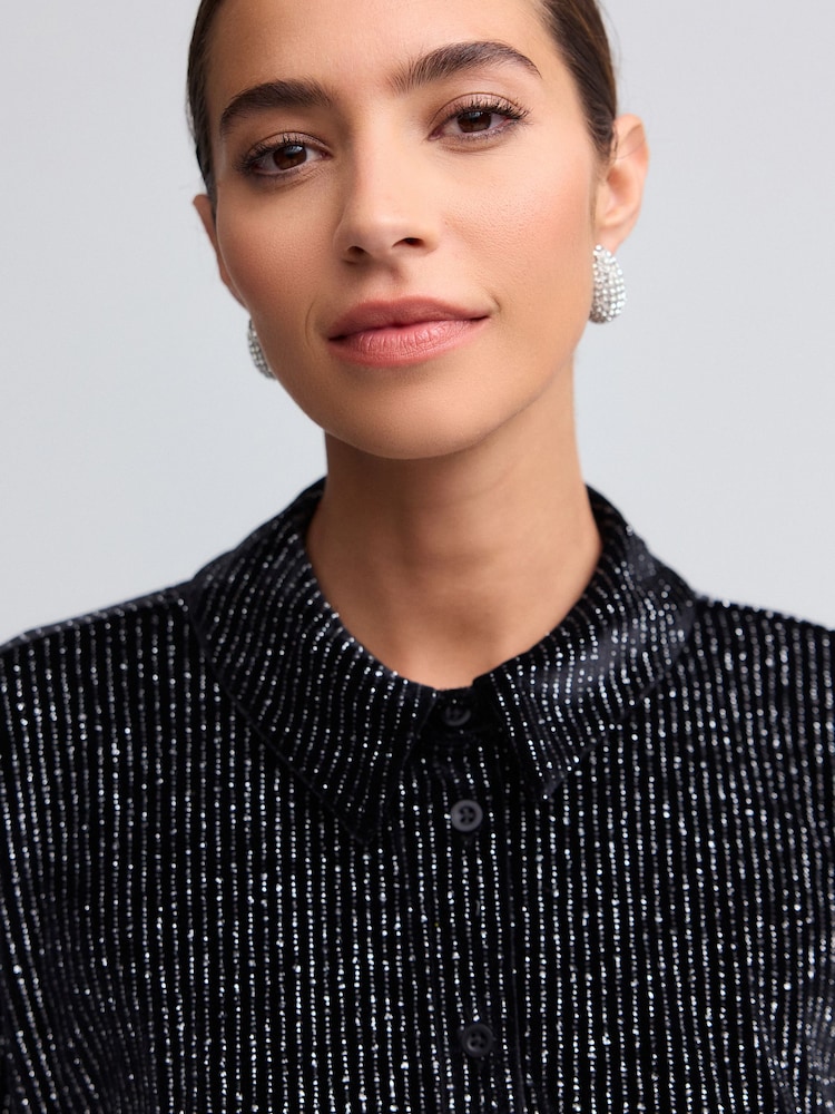 Black Sparkle Pinstripe Velvet Long Sleeve Shirt - Image 5 of 5
