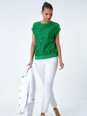 Roman Green Lace Panel Stretch Jersey Top - Image 1 of 5