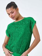 Roman Green Lace Panel Stretch Jersey Top - Image 2 of 5