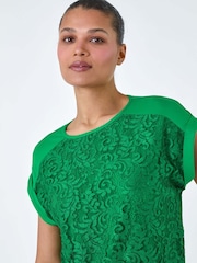 Roman Green Lace Panel Stretch Jersey Top - Image 4 of 5