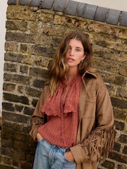 Taupe Brown Faux Suede Tassel Fringe Jacket - Image 1 of 8