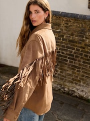 Taupe Brown Faux Suede Tassel Fringe Jacket - Image 3 of 8