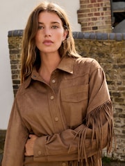 Taupe Brown Faux Suede Tassel Fringe Jacket - Image 4 of 8