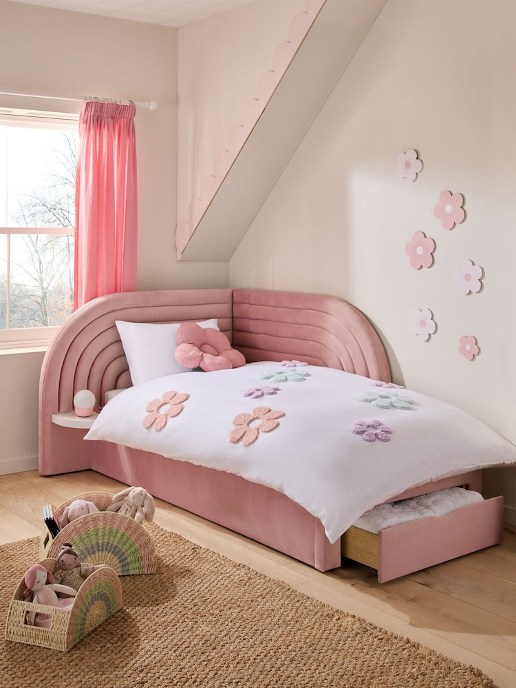 Opulent Velvet Blush Pink Kids Rainbow Upholstered With Bedside Table Drawer Bed - Image 2 of 7