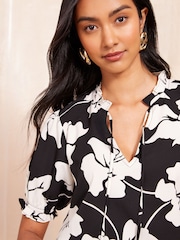 Friends Like These Black/White Short Sleeve Woven Tie Neck Blouse - Image 2 of 4
