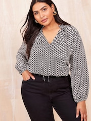 Friends Like These Black/White Long Sleeve Satin Tie Neck Blouse - Image 1 of 4