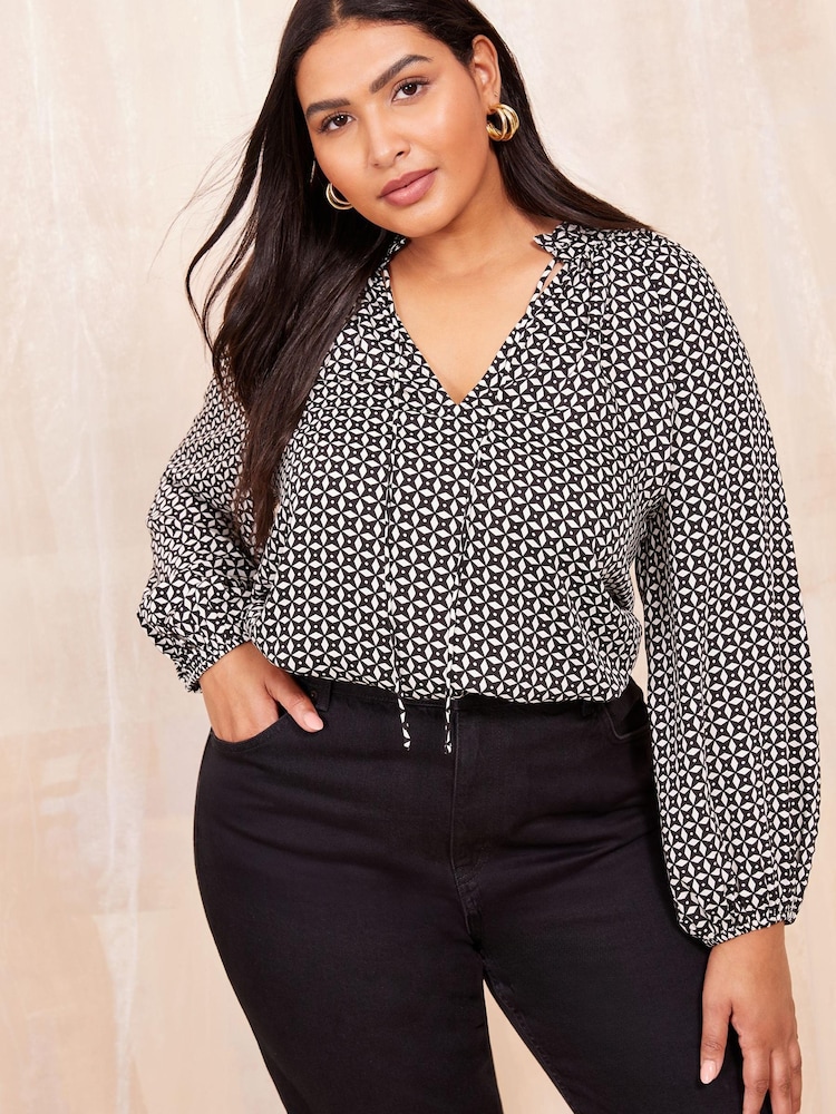 Friends Like These Black/White Long Sleeve Satin Tie Neck Blouse - Image 1 of 4