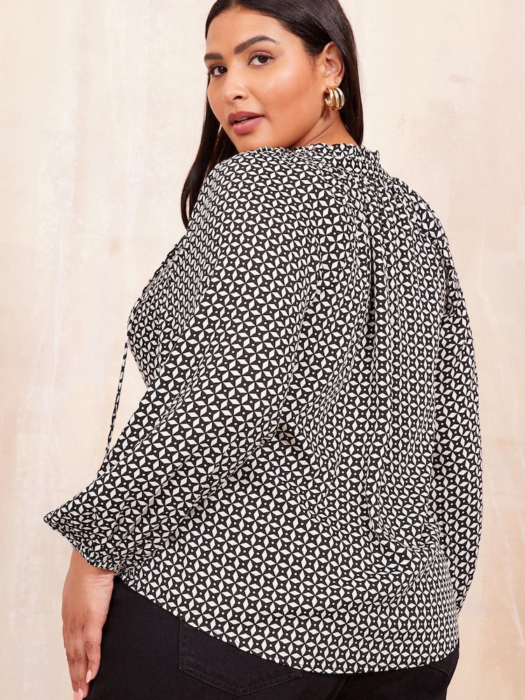 Friends Like These Black/White Long Sleeve Satin Tie Neck Blouse - Image 4 of 4