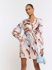 River Island Beige Satin Marble Print Shift Mini Dress - Image 1 of 6