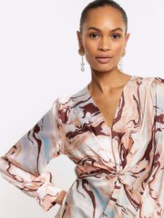 River Island Beige Satin Marble Print Shift Mini Dress - Image 4 of 6