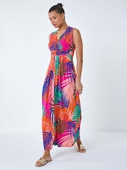 Roman Pink Tropical Gathered Stretch Maxi Dress - Image 3 of 5