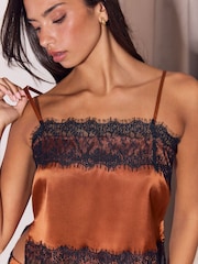 Lipsy Rust Brown Lace Detail Satin Balloon Leg Pyjamas Set - Image 4 of 5