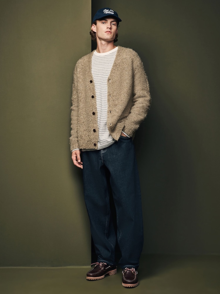 Neutral Relaxed Fit Bouclé Texture Cardigan with Wool - Image 2 of 7