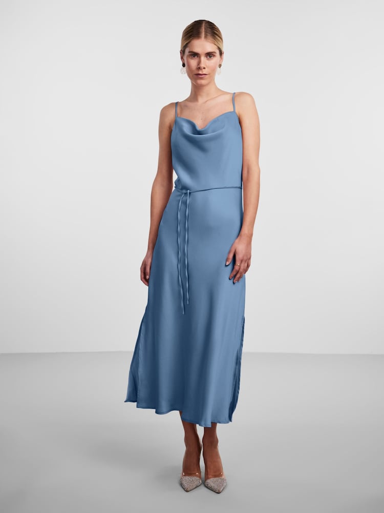 Y.A.S Blue Satin Cowl Neck Slip Dress - Image 1 of 5