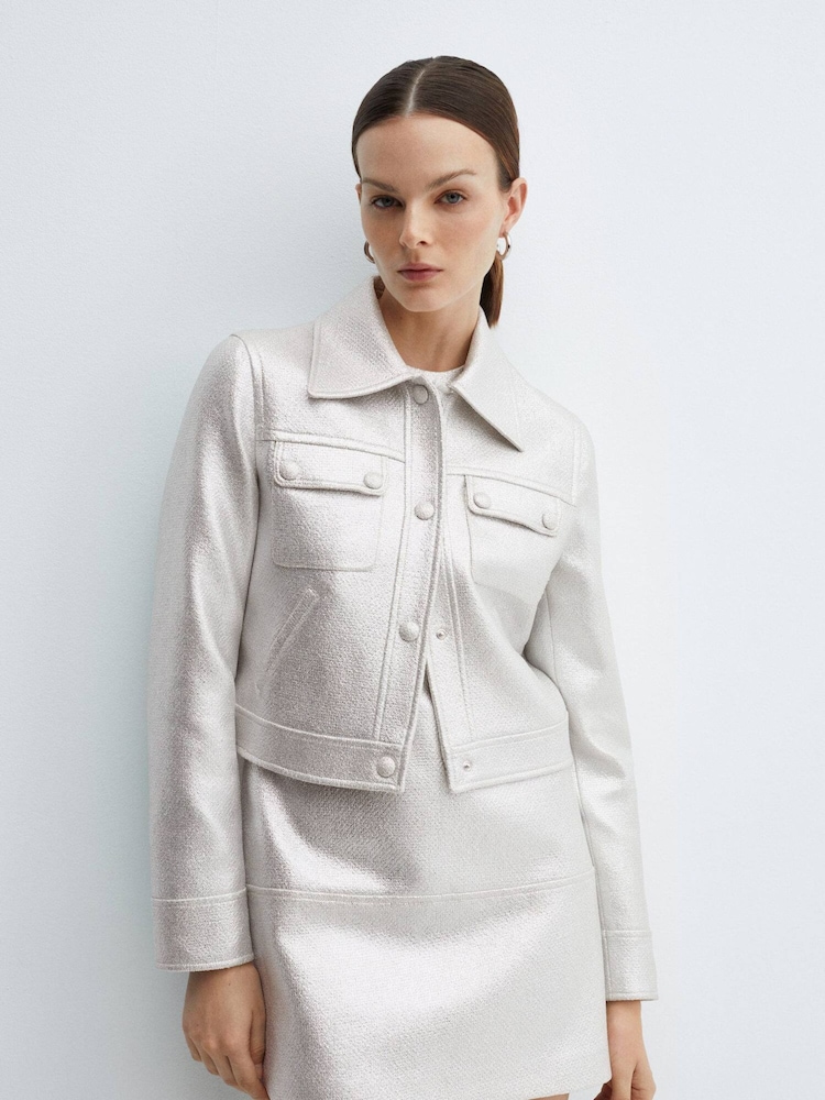 Mango Silver Metallic Jacket With Pockets - Image 1 of 7