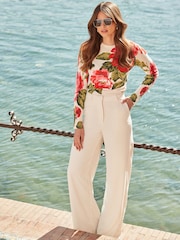 Sosandar Cream Floral Print Button Cuff Jumper - Image 1 of 5