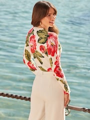 Sosandar Cream Floral Print Button Cuff Jumper - Image 3 of 5