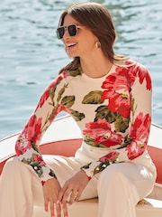Sosandar Cream Floral Print Button Cuff Jumper - Image 4 of 5