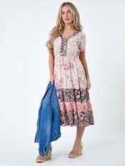 Roman Pink Petite Floral Border Print Midi Dress - Image 1 of 5