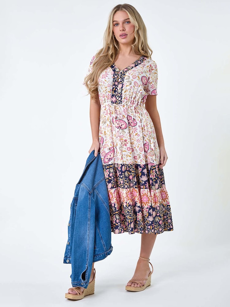 Roman Pink Petite Floral Border Print Midi Dress - Image 1 of 5