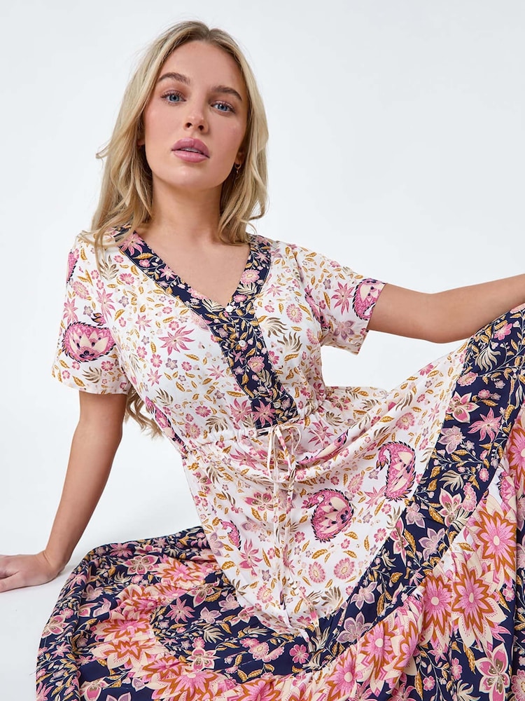 Roman Pink Petite Floral Border Print Midi Dress - Image 2 of 5
