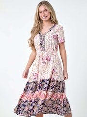 Roman Pink Petite Floral Border Print Midi Dress - Image 4 of 5