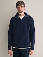 Navy Blue Regular Fit Signature 100% Italian Merino Quarter Zip Jumper - Image 1 of 8