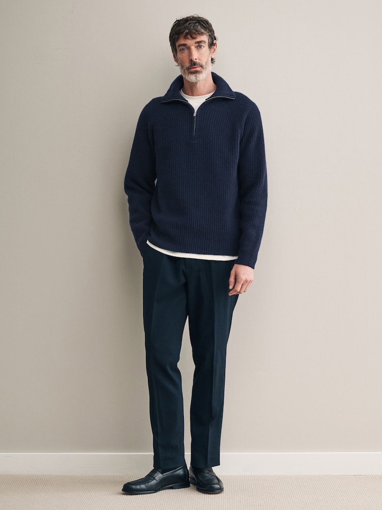 Navy Blue Regular Fit Signature 100% Italian Merino Quarter Zip Jumper - Image 2 of 8
